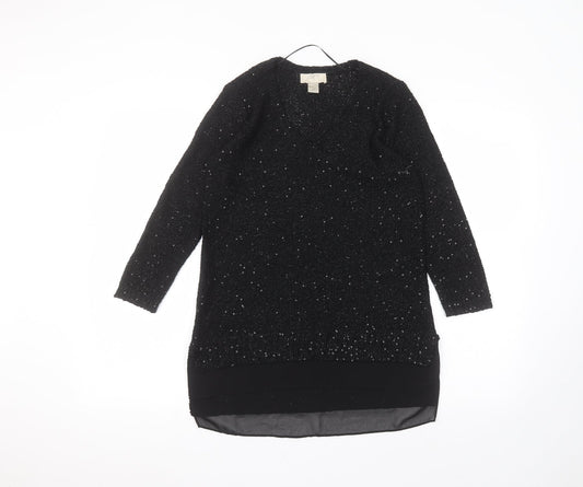 LOFT Womens Black Round Neck Polyester Pullover Jumper Size S