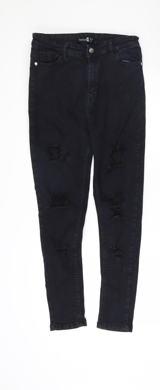 Additional front view of Boohoo women’s blue cotton skinny jeans, size UK 12, 26-inch leg regular zip