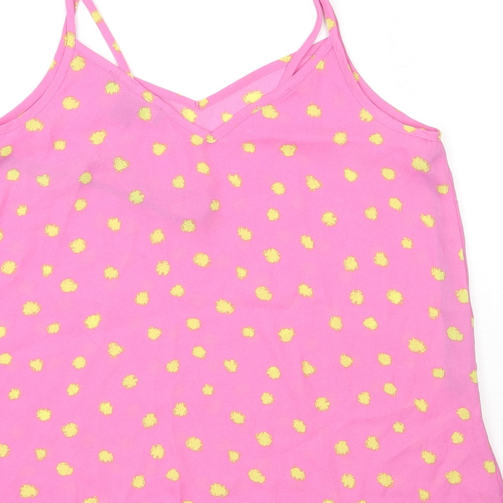 Brand and care label for Primark women’s pink polka dot polyester camisole tank, size UK 8, v-neck - yellow
