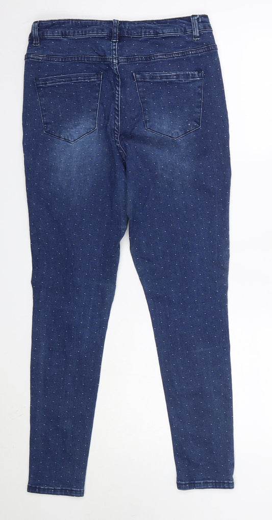 Back view of Nutmeg women’s blue cotton skinny jeans, size UK 12, 27-inch leg regular