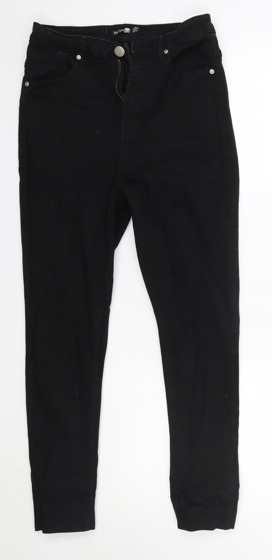 Additional front view of Boohoo women’s black cotton skinny jeans, size UK 10, 26-inch leg regular
