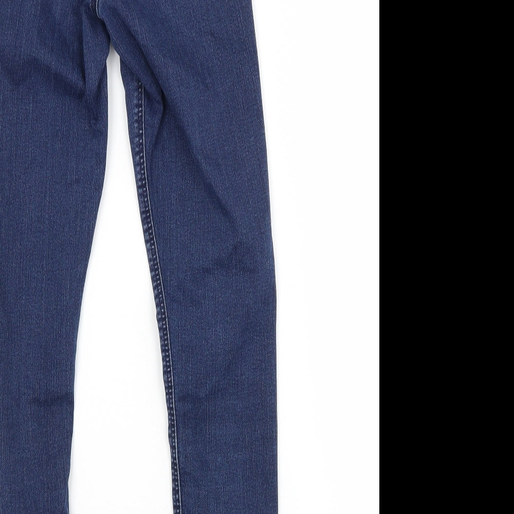 Brand and care label for Topshop women’s blue cotton skinny jeans, size UK 26, in, 30-inch leg regular