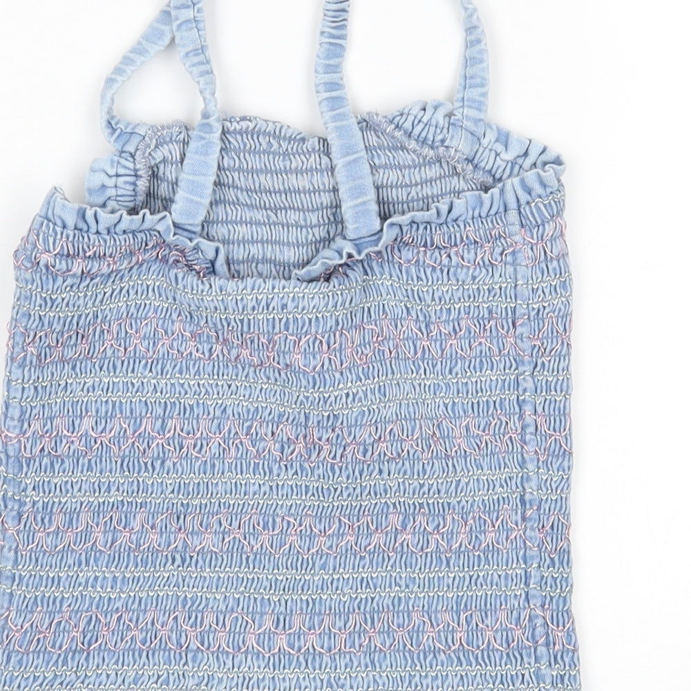 M&S Girls Blue Striped Cotton Basic Tank Size 10-11 Years Square Neck