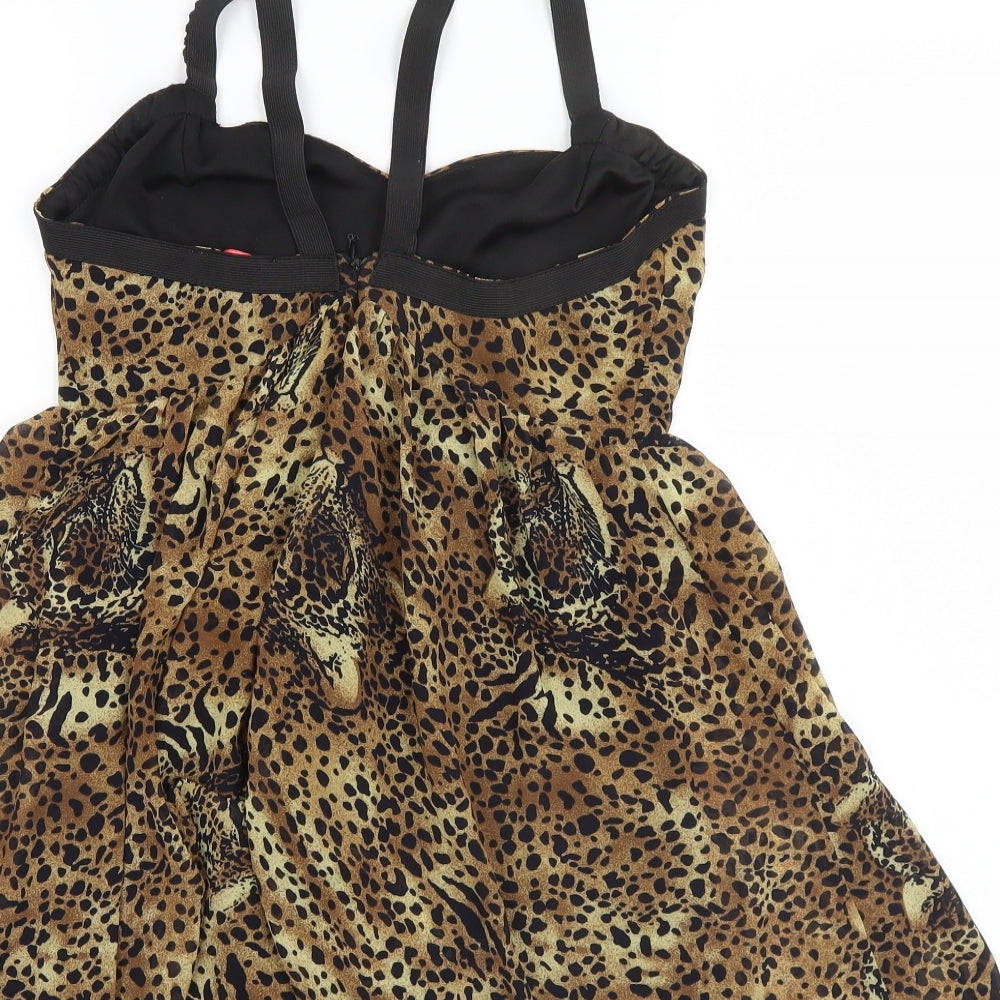 Brand and care label for Oh My Love women’s brown animal print polyester a-line, size M, halter
