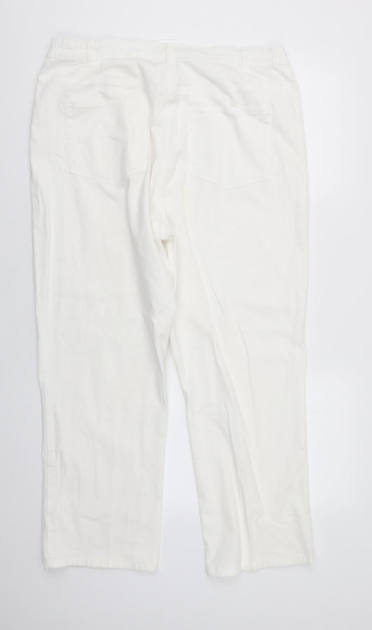 Back view of Damart women’s white cotton straight jeans, size UK 20, 26-inch leg regular - side elastication soft texture