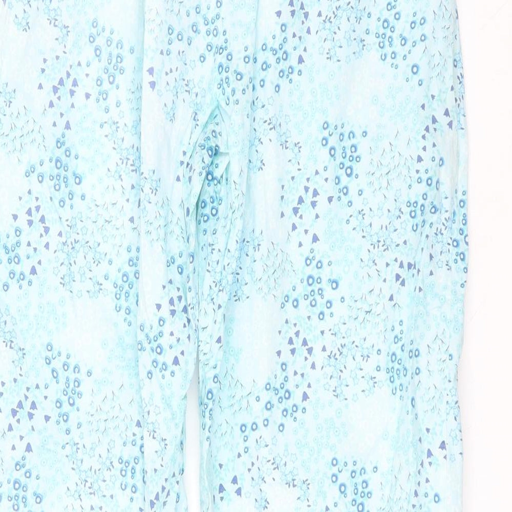 Brand and care label for Avenue women’s blue floral cotton trousers, size UK 12, 25-inch leg regular