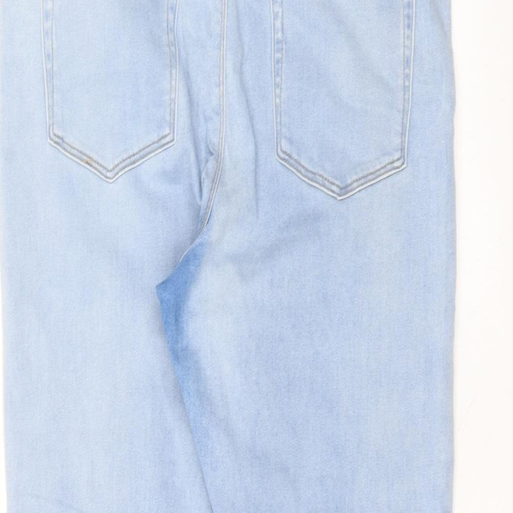 Brand and care label for ASOS women’s blue cotton skinny jeans, size UK 34, in, 25-inch leg regular