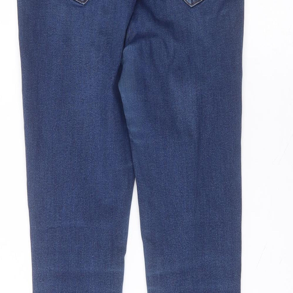 Brand and care label for New Look women’s blue cotton skinny jeans, size UK 12, 27-inch leg regular