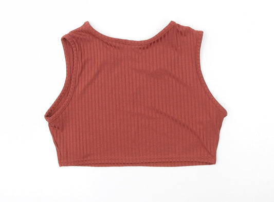 Boohoo Womens Red Striped Polyester Cropped T-Shirt Size 12 V-Neck