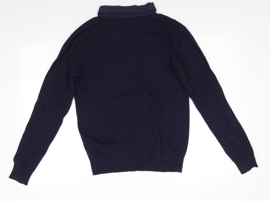 Brave Soul Mens Blue Collared Cotton Pullover Jumper Size S - Faux Shirt Collar Buttoned