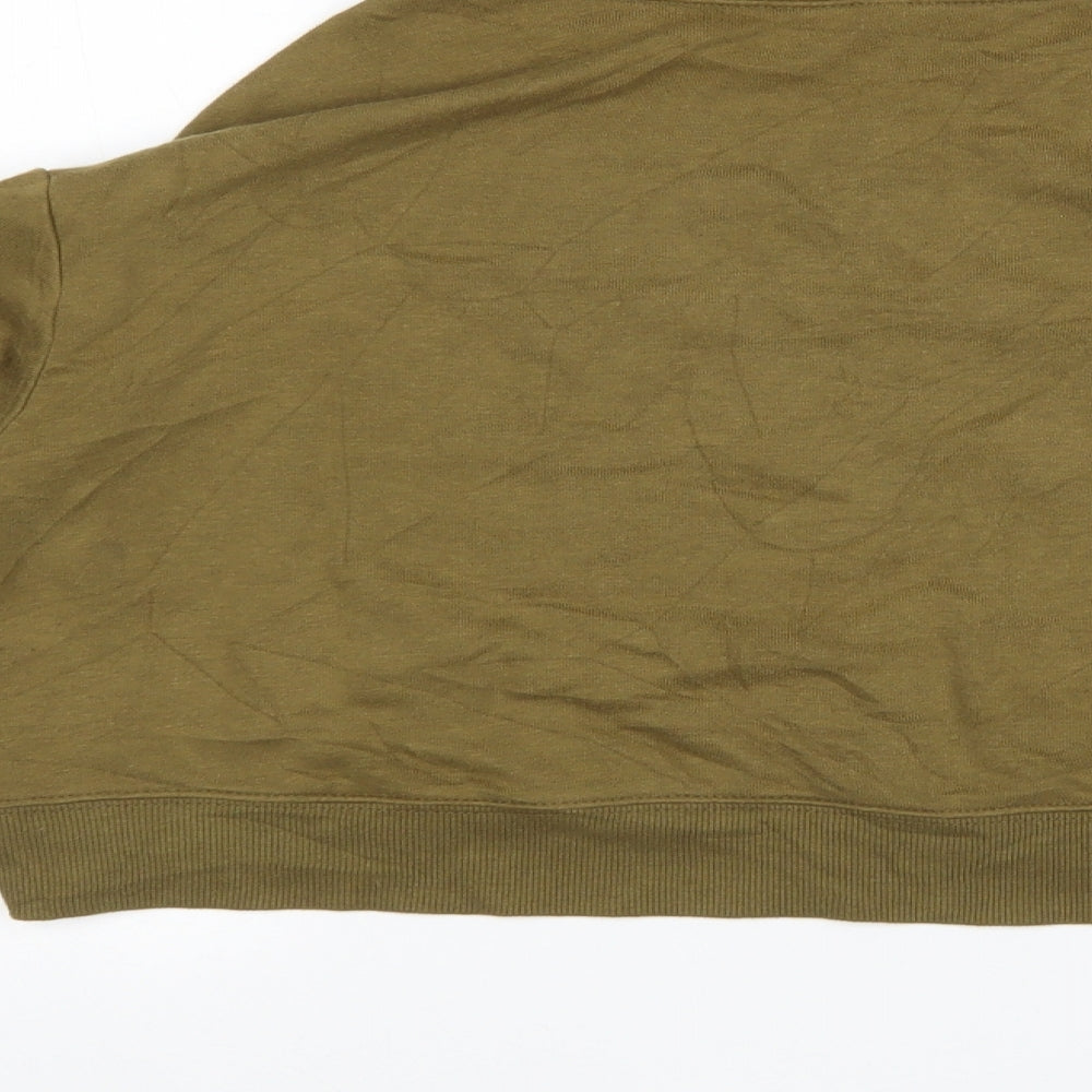 Brand and care label for H&M women’s green cotton pullover sweatshirt, size S