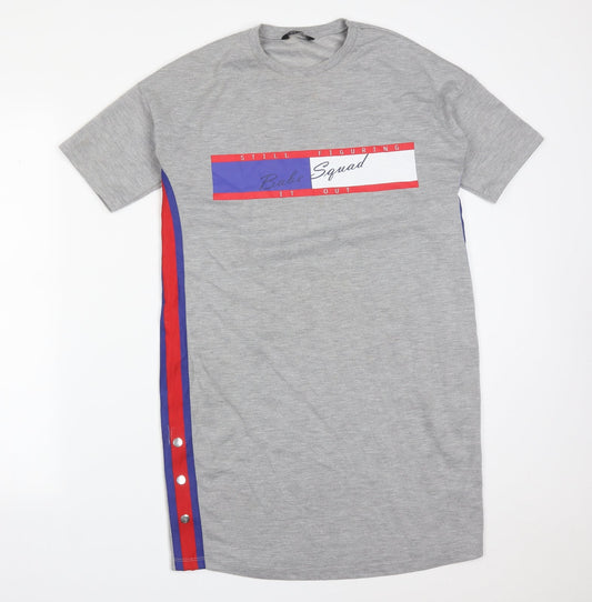 Additional front view of Select women’s grey cotton t-shirt dress, size UK 8, round neck - babe squad still figuring it out