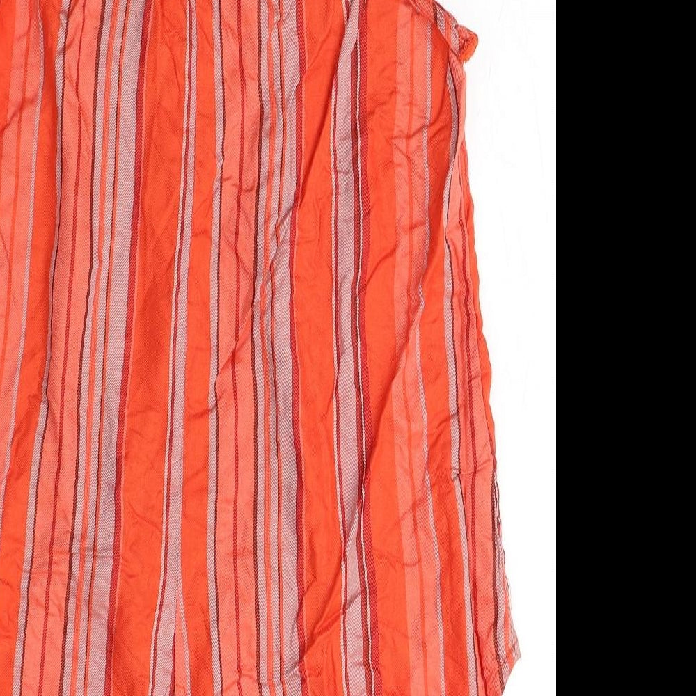 Brand and care label for Sanctuary women’s orange striped viscose basic blouse, size S, v-neck