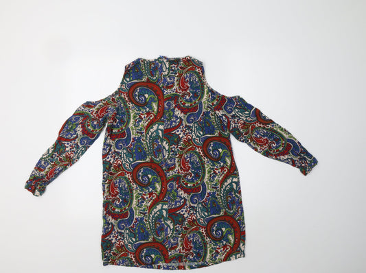 Boohoo Womens Multicoloured Paisley Cotton Tunic Blouse Size 8 Round Neck - Cold Shoulder