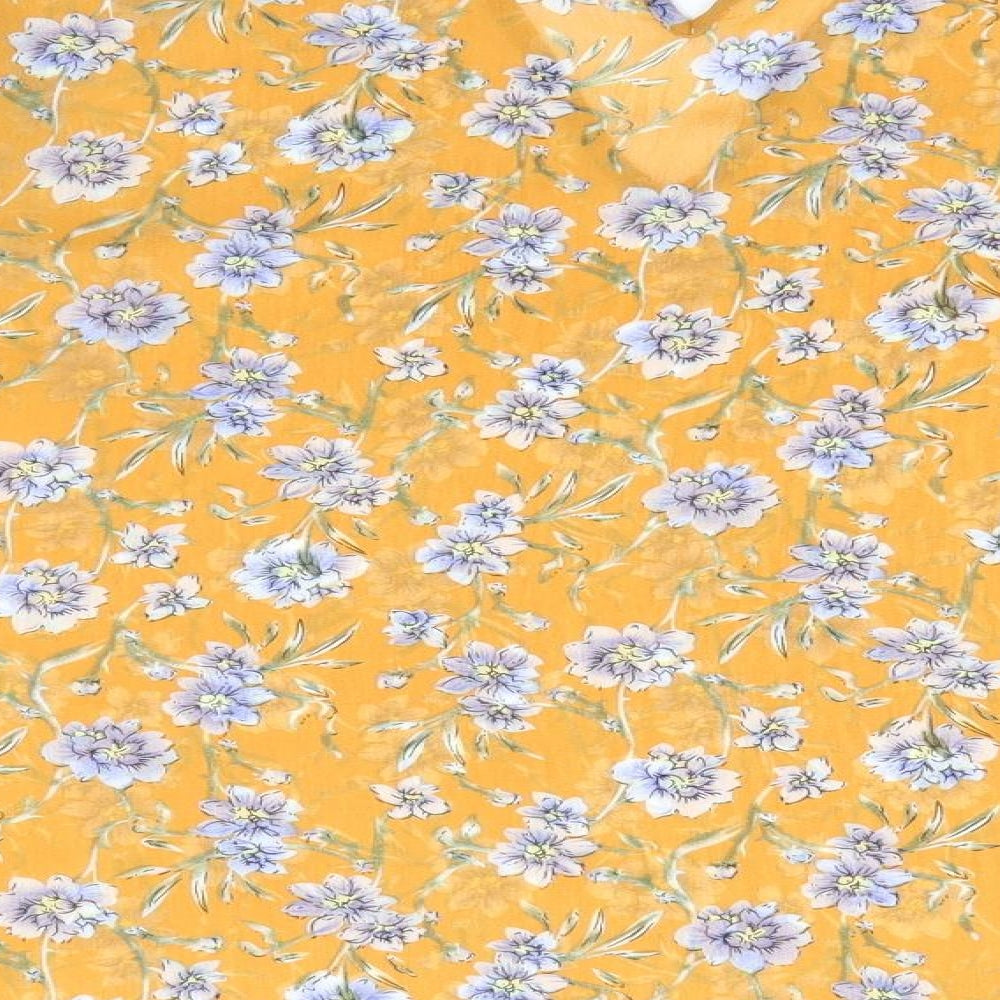 Primark Womens Gold Floral Polyester Basic Blouse Size 14 High Neck - Choker Neck Blue White Flowers Frilled Shoulders and Elasticated Cuffs