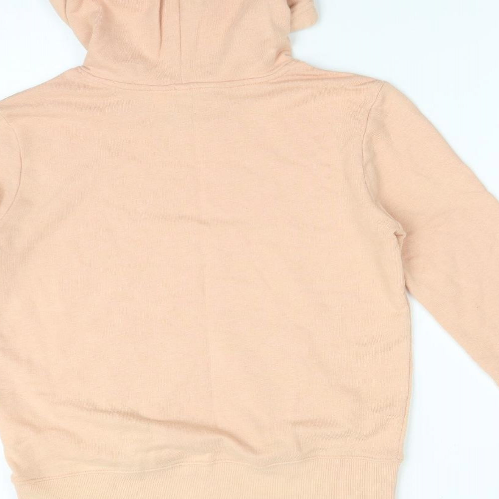 Brand and care label for H&M women’s orange cotton pullover hoodie, size XS