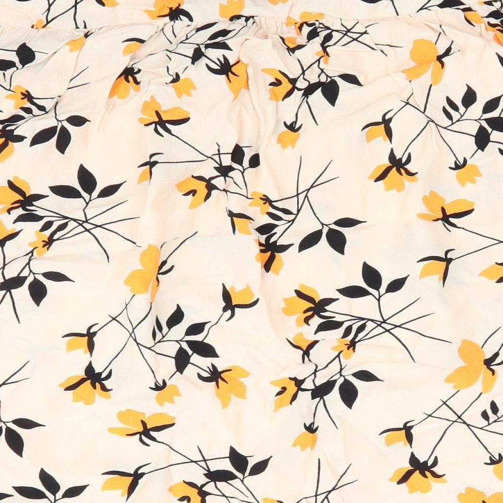 George Womens Ivory Floral Viscose Basic Blouse Size 16 Round Neck - Yellow & Black Print Double Tie Front Neck Frilled Mandarin Collar