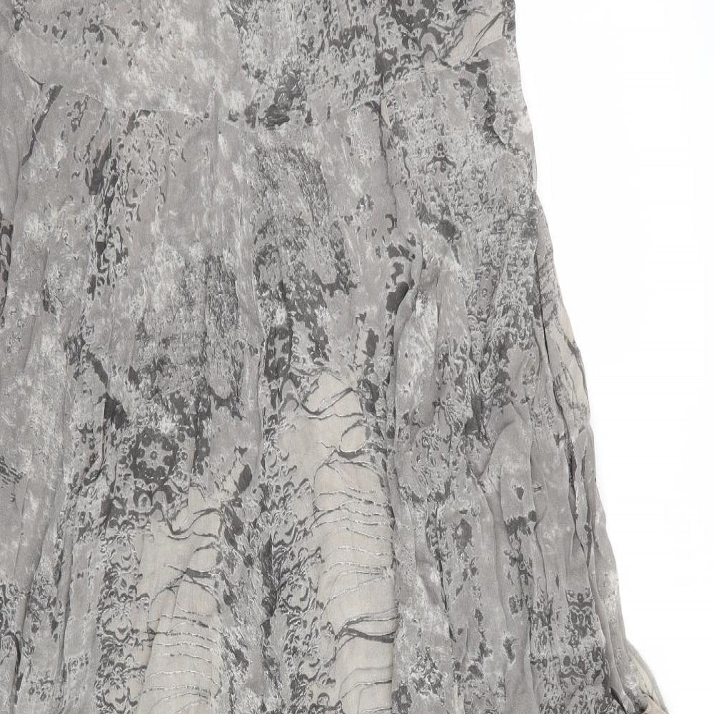 Brand and care label for River Island women’s grey fit & flare scoop neck - ruffled sections abstract print