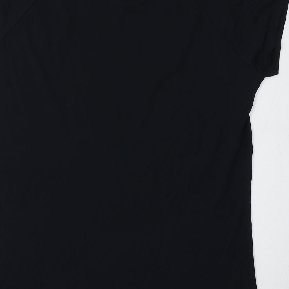 Brand and care label for Get Over women’s black basic t-shirt, size L, crew neck