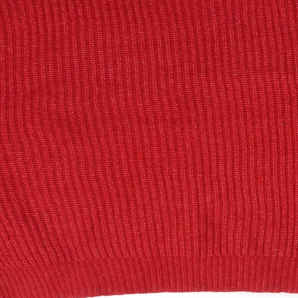 Brand and care label for Primark women’s red mock neck acrylic jumper, size M