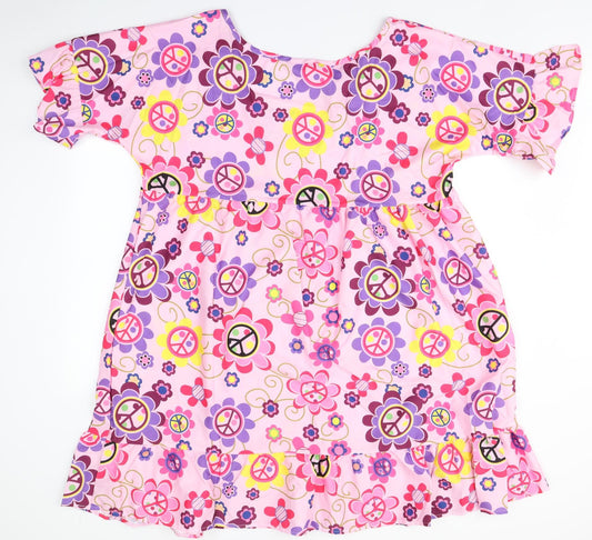 Preworn Womens Pink Geometric A-Line Round Neck - Peace Symbols
