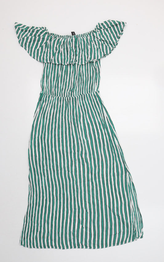 H&M Womens Green Striped Viscose A-Line Size 8 Off the Shoulder