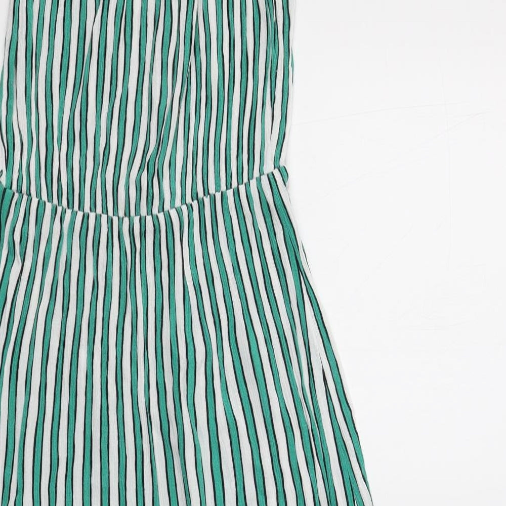 Brand and care label for H&M women’s green striped viscose a-line, size UK 8, off the shoulder