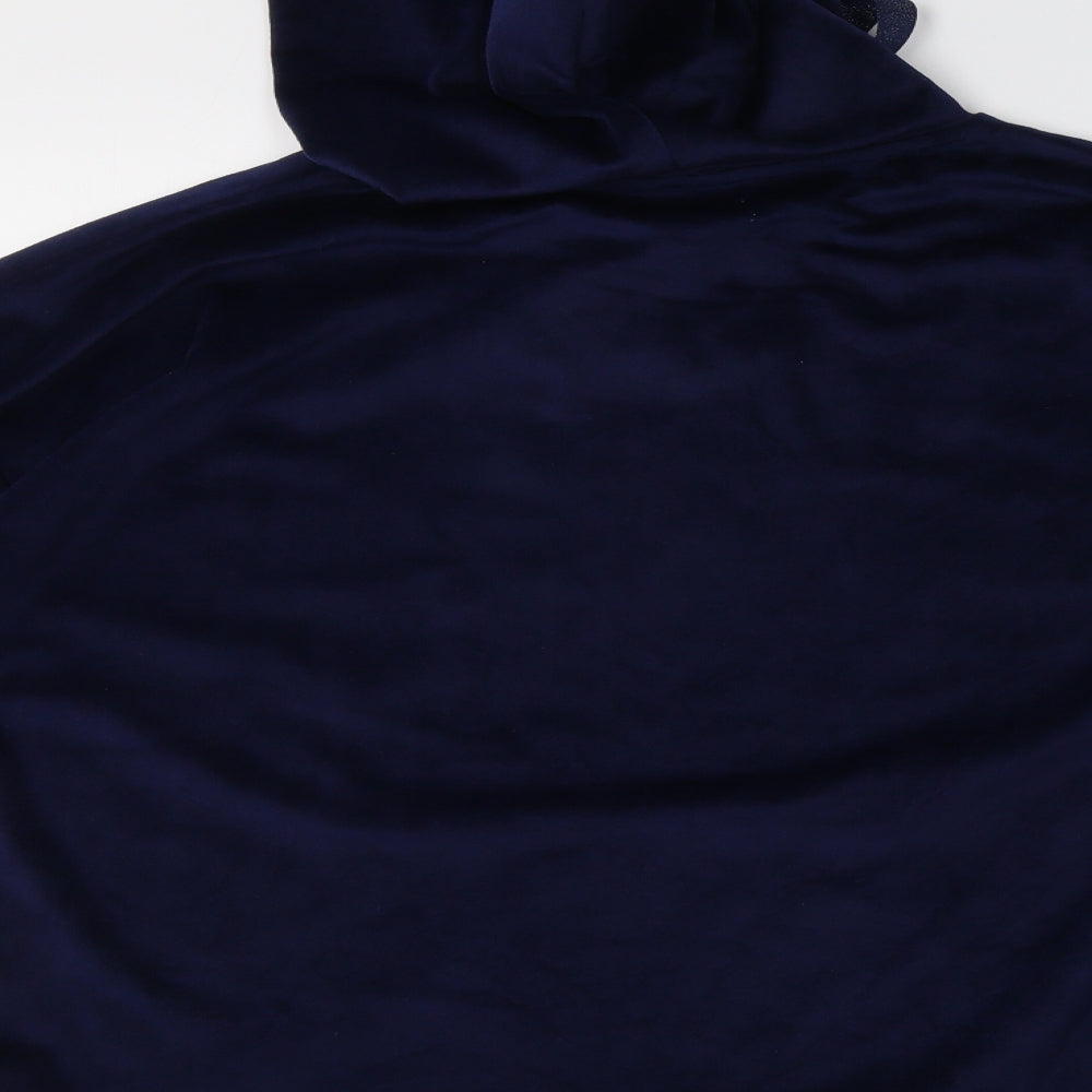 Brand and care label for La marquise women’s blue polyester pullover hoodie, size M