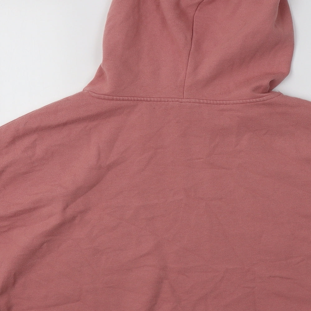 Brand and care label for H&M women’s pink cotton pullover hoodie, size L