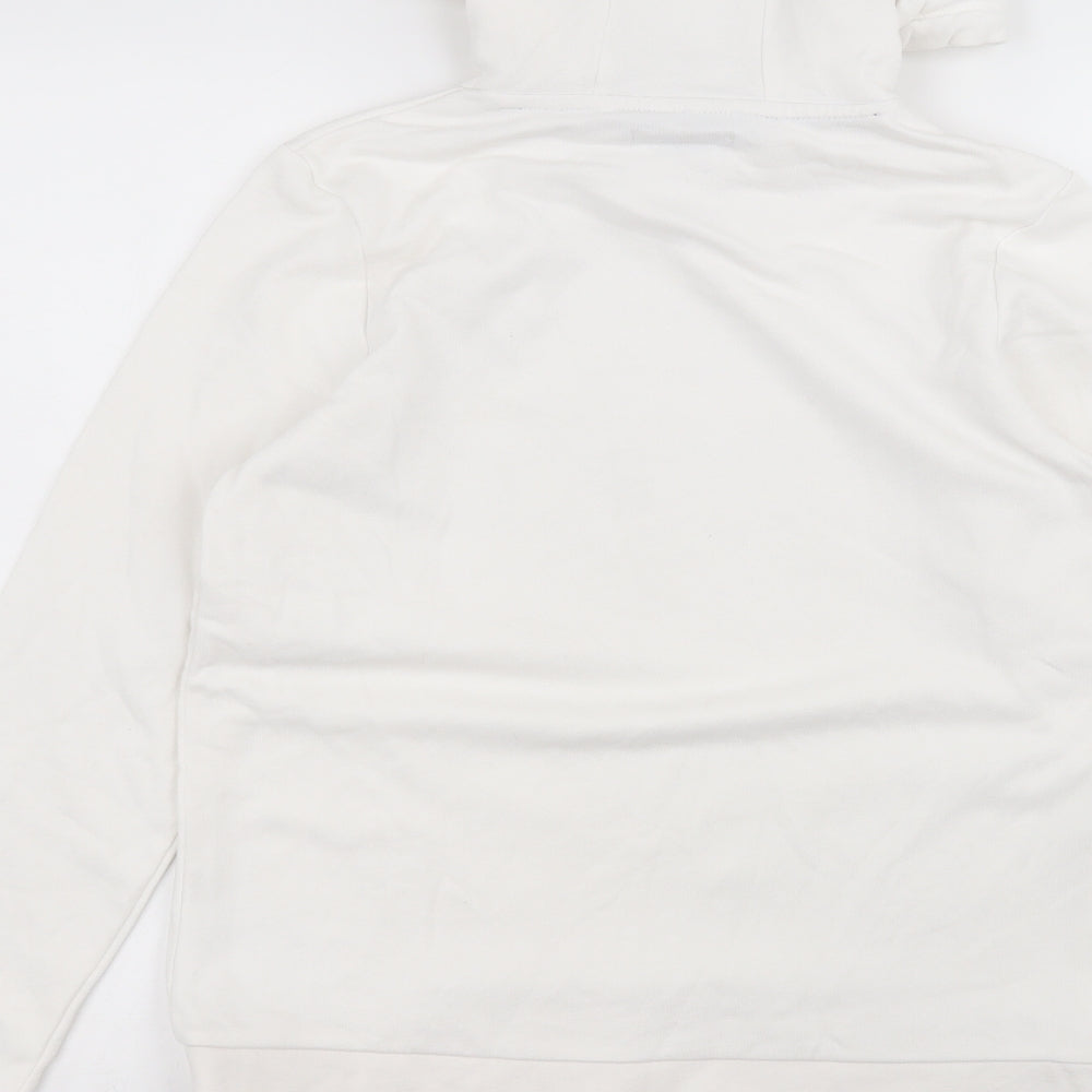Brand and care label for ESMARA women’s white polyester pullover hoodie, size S