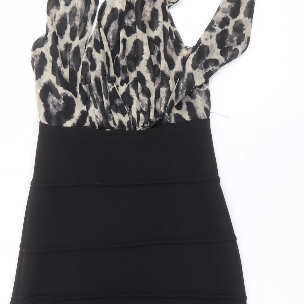 Brand and care label for River Island women’s black polyester pencil dress, size UK 10, round neck