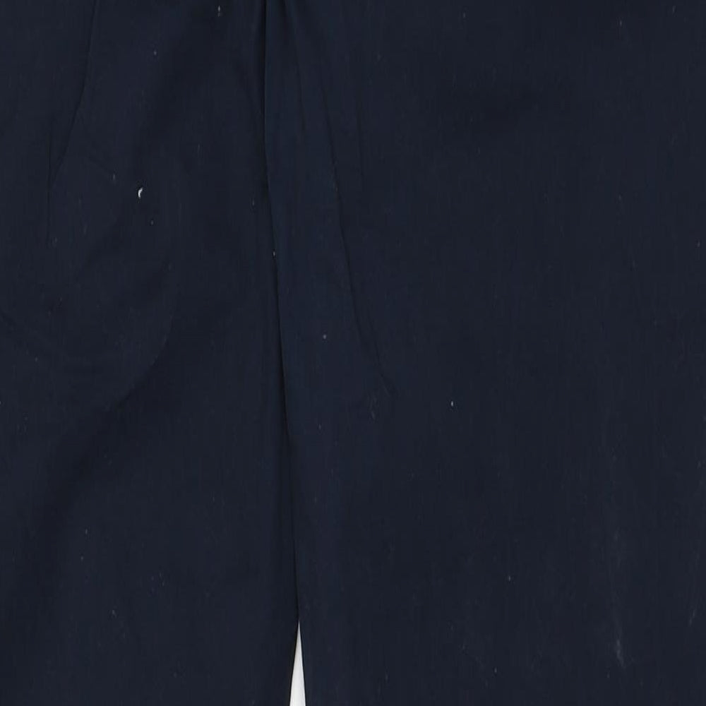 Brand and care label for Bien Bleu men’s blue cotton trousers, size L, 30-inch leg regular