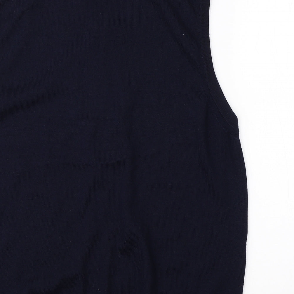 Brand and care label for Marks & Spencer men’s blue high neck acrylic vest jumper, size L