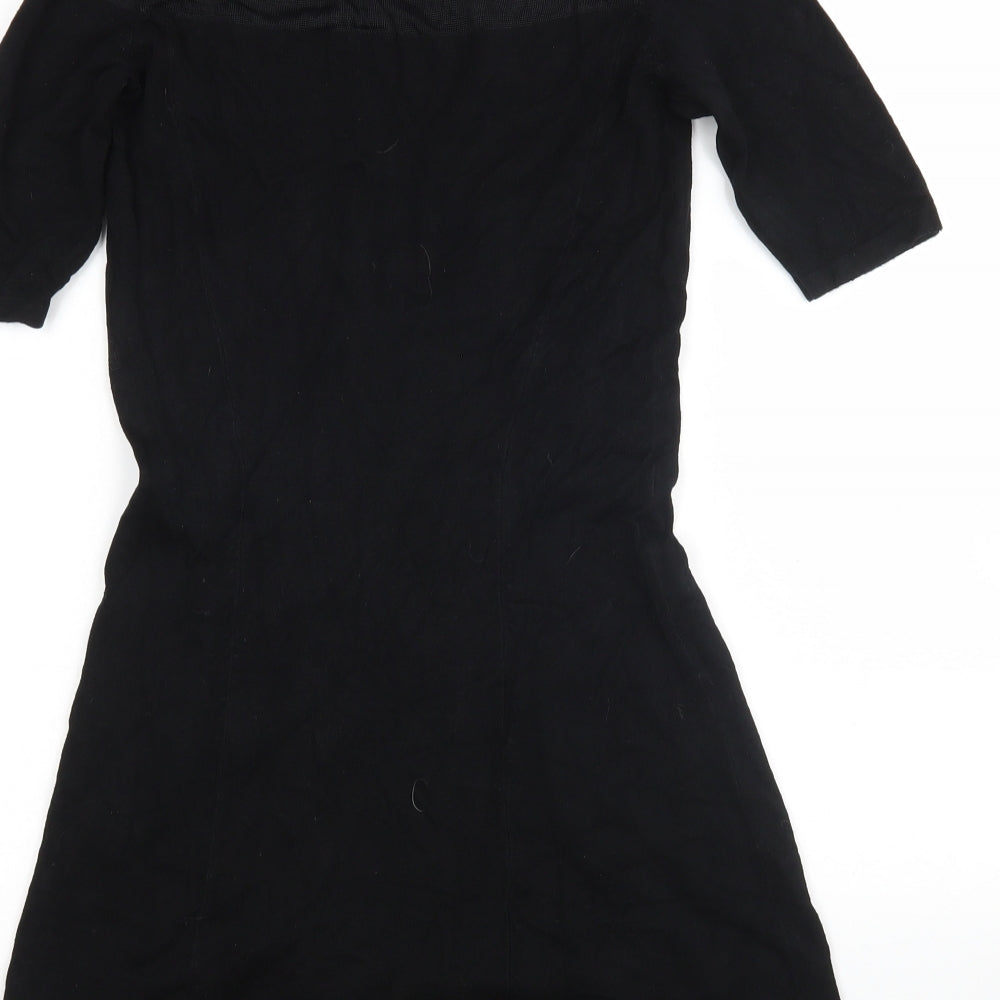 Brand and care label for F&F women’s black viscose jumper dress, size UK 8, round neck