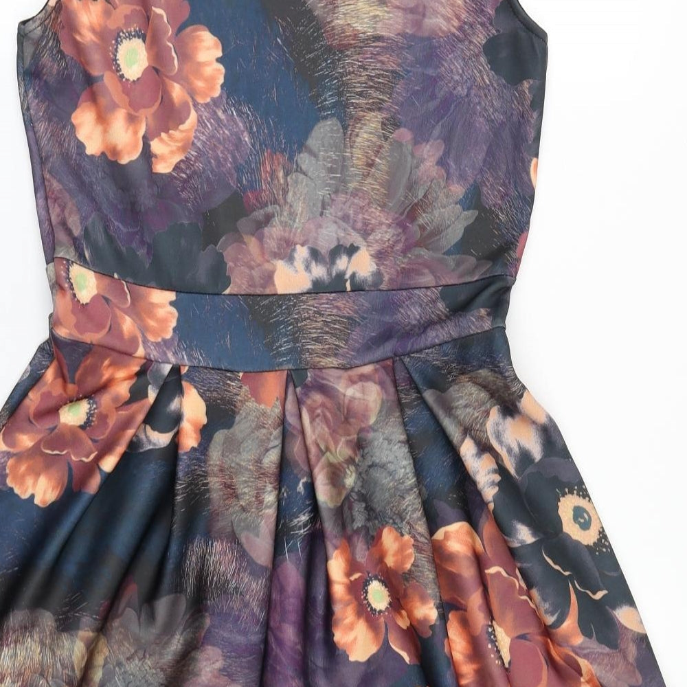 Brand and care label for MissLook women’s multicoloured floral polyester a-line, size UK 12, round neck