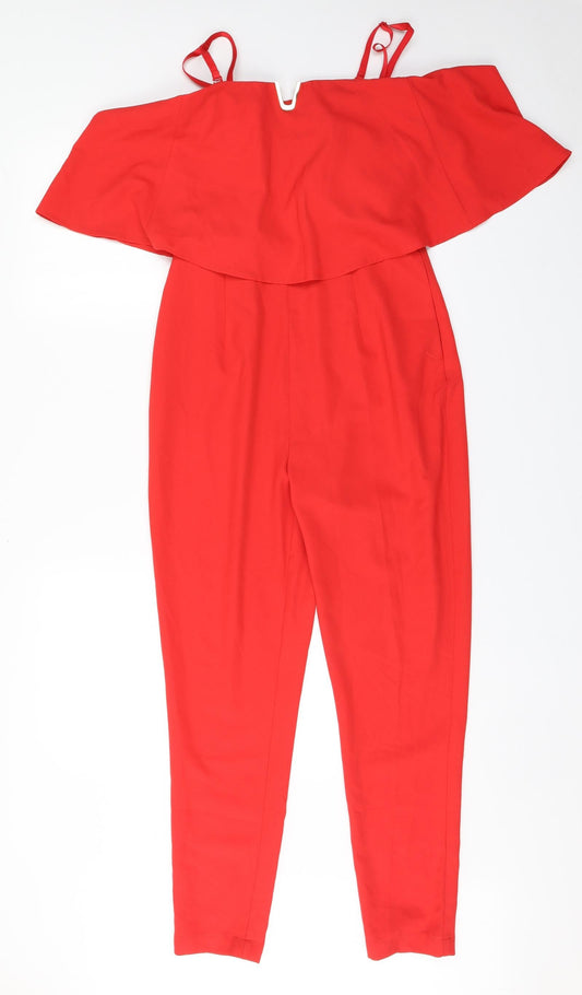 Additional front view of Very women’s red polyester jumpsuit outfit/set, size UK 8, 25-inch leg