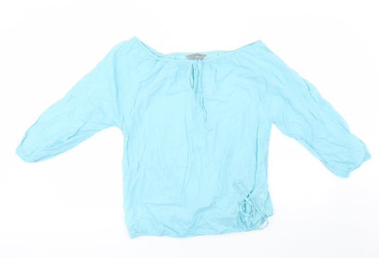 Additional front view of South women’s blue cotton basic blouse, size UK 12, off the shoulder