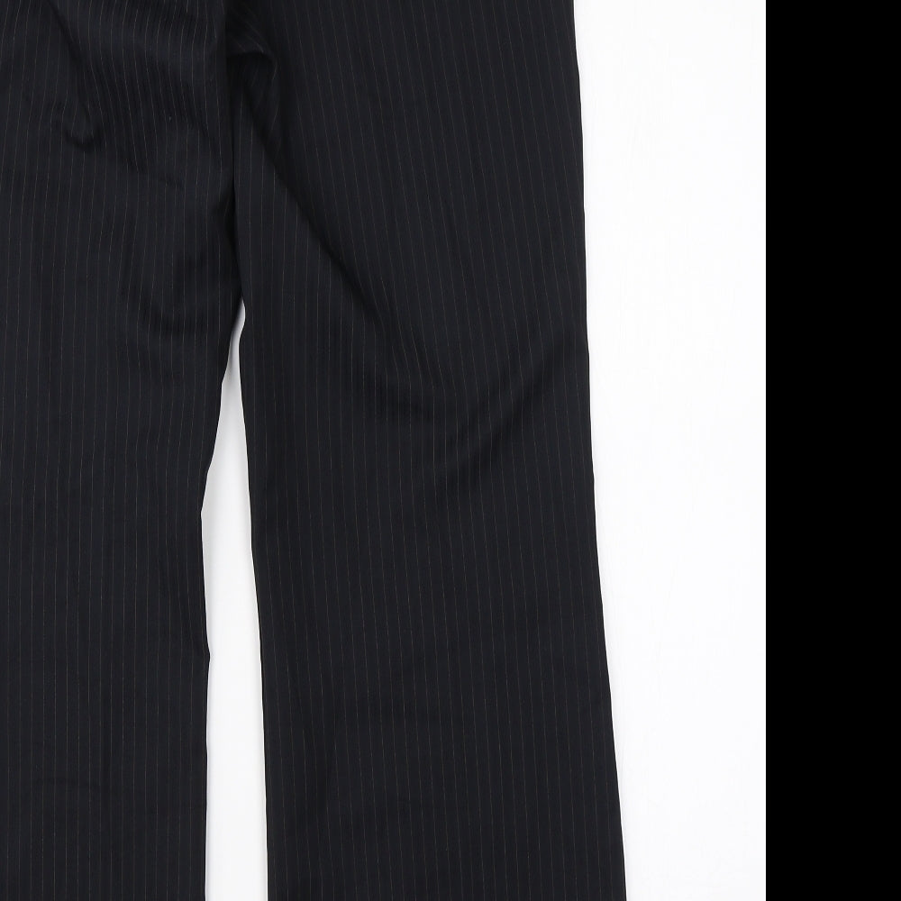 Brand and care label for F&F women’s black striped viscose dress pants trousers, size UK 14, 27-inch leg regular