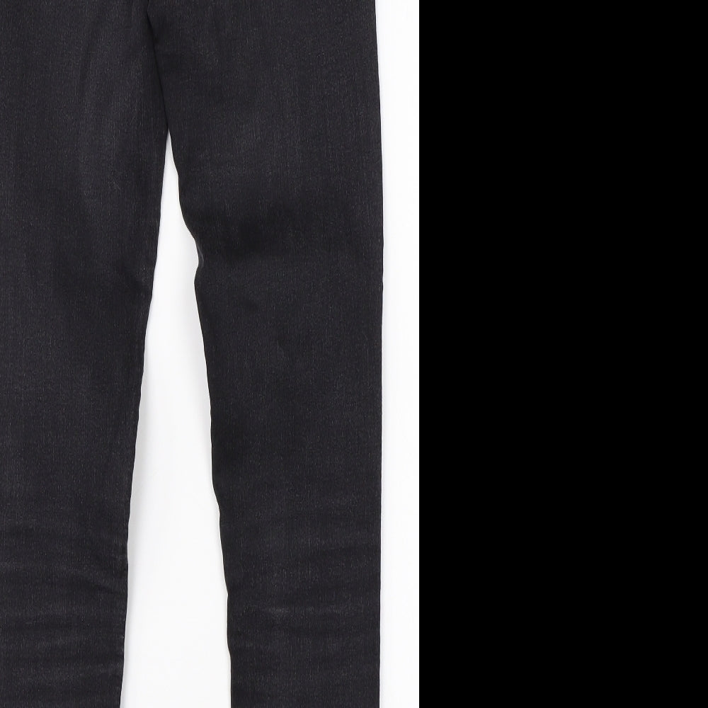 Brand and care label for Topshop women’s black cotton skinny jeans, size UK 28, in, 28-inch leg regular