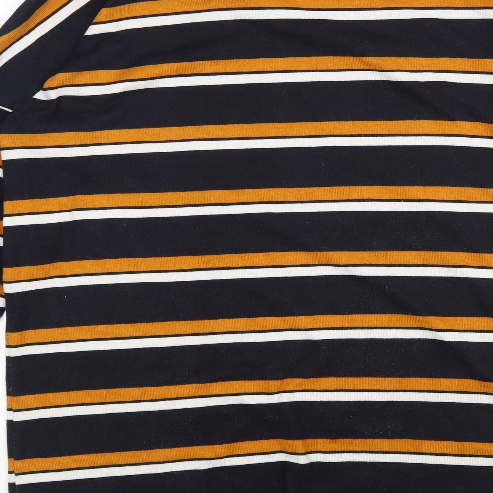 Brand and care label for F&F women’s multicoloured striped polyester jumper dress, size UK 12, round neck