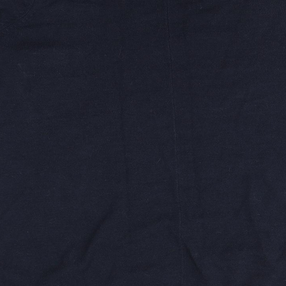 Brand and care label for Marks & Spencer men’s blue v-neck acrylic jumper, size L
