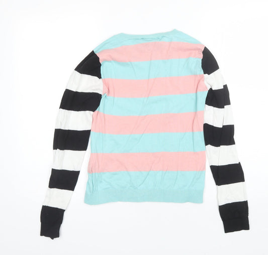 Back view of Monki women’s blue round neck striped cotton jumper, size S