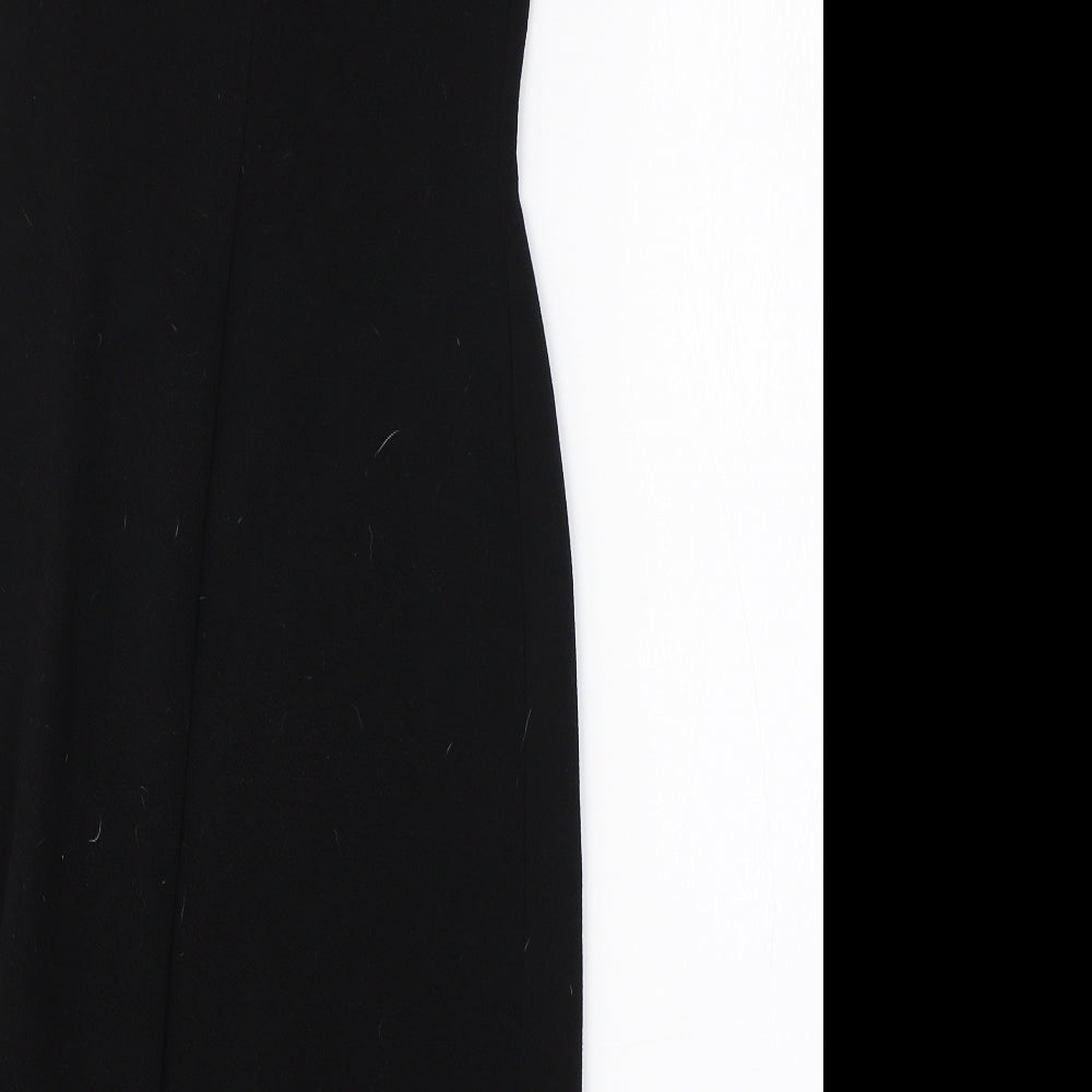 Brand and care label for Oakridge women’s black polyester a-line, size UK 8, round neck