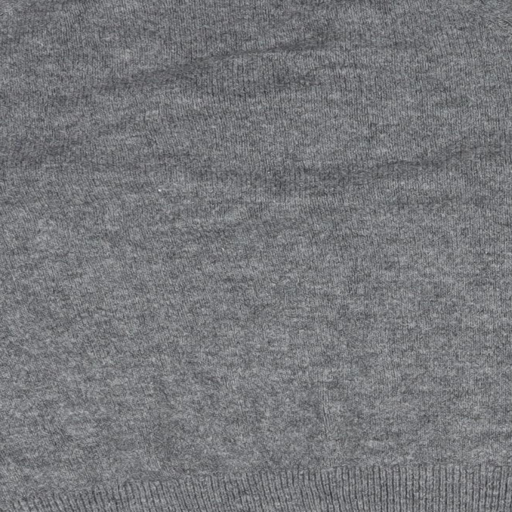 Brand and care label for H&M women’s grey acrylic pullover sweatshirt, size M