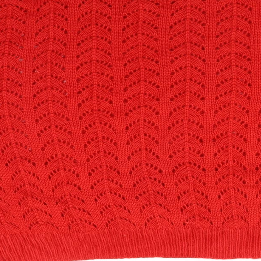 Brand and care label for H&M women’s red geometric acrylic pullover sweatshirt, size M
