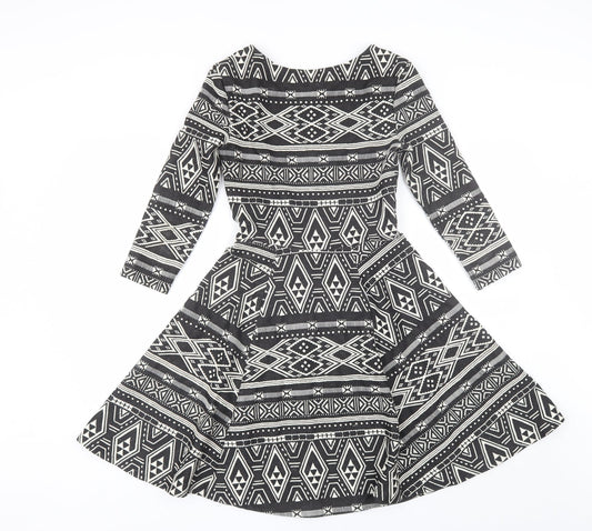 H&M Womens Black Geometric Polyester Shift Size XS Round Neck