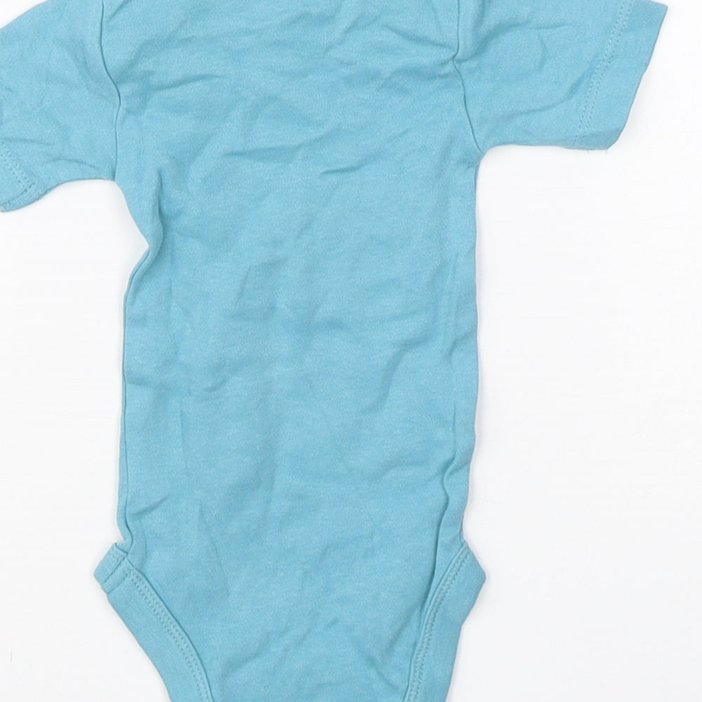 Brand and care label for Lily & Dane boys’ blue cotton babygrow one-piece, size 0-3, months