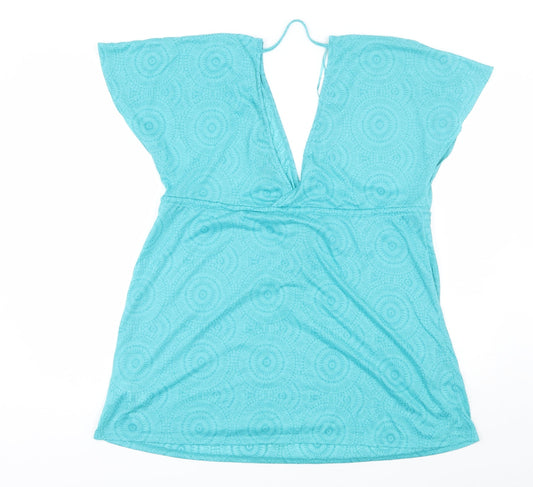 Primark Womens Blue Geometric Cotton Blend Basic Blouse Size M V-Neck