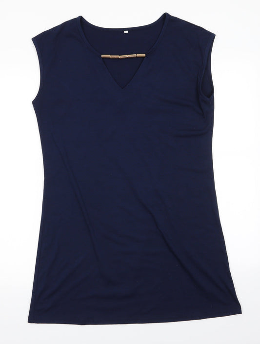 Additional front view of women’s blue a-line, size L, v-neck - brass like heavy beading