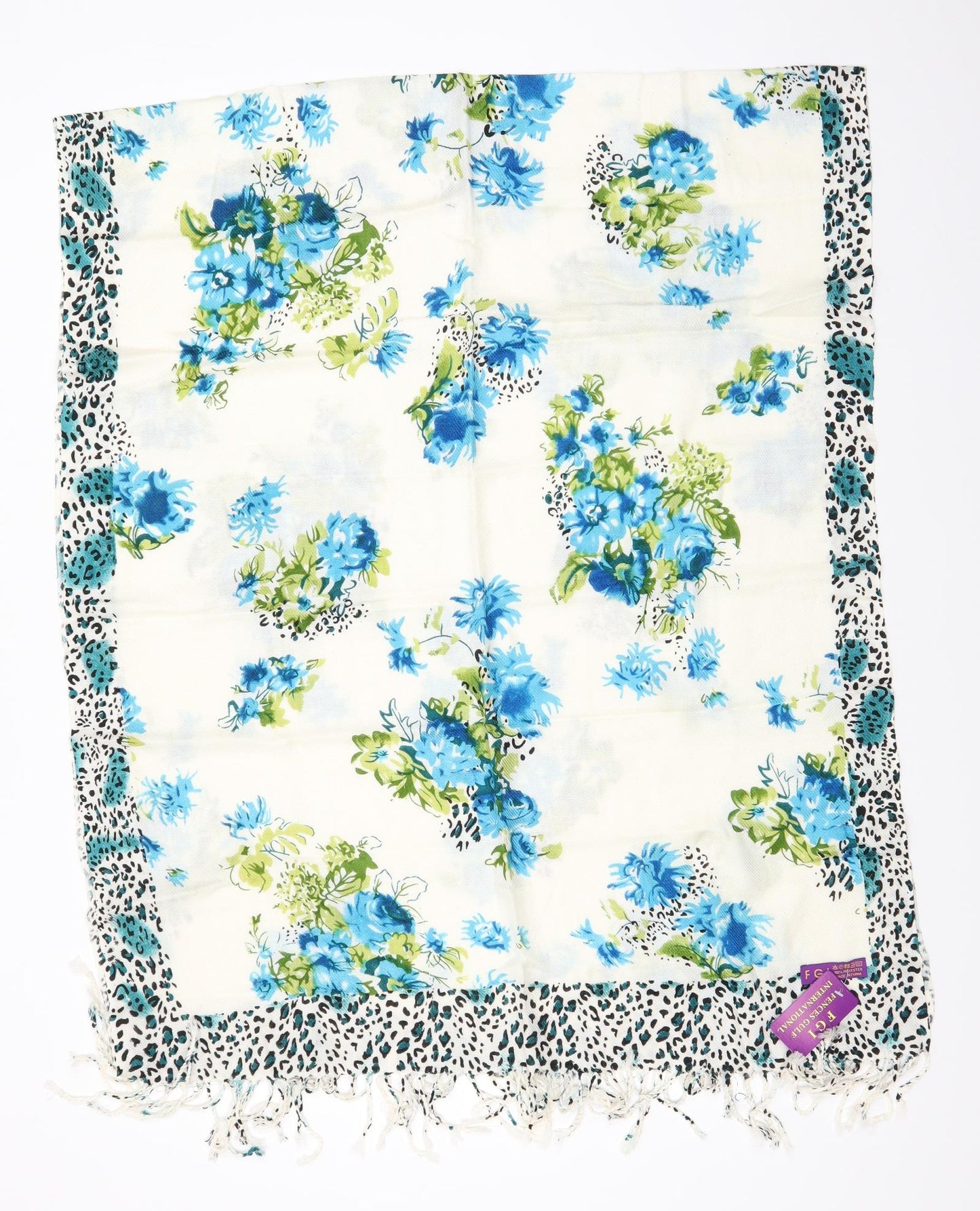 Fences Gulf International Womens Ivory Floral Polyester Shawl/Wrap - Blue Flowers